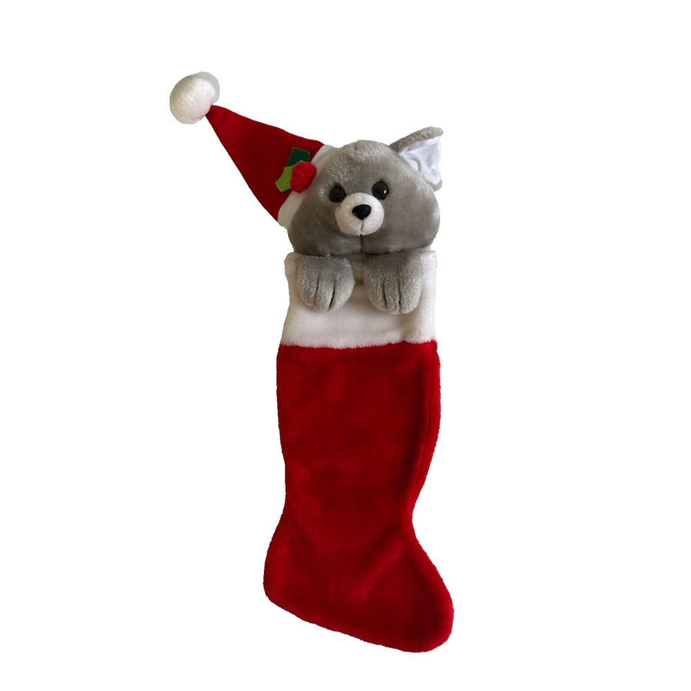 Russ Christmas Stocking Gray Bear Dog Puppy Holly Berry 3D Plush Stuffed Toy Vtg